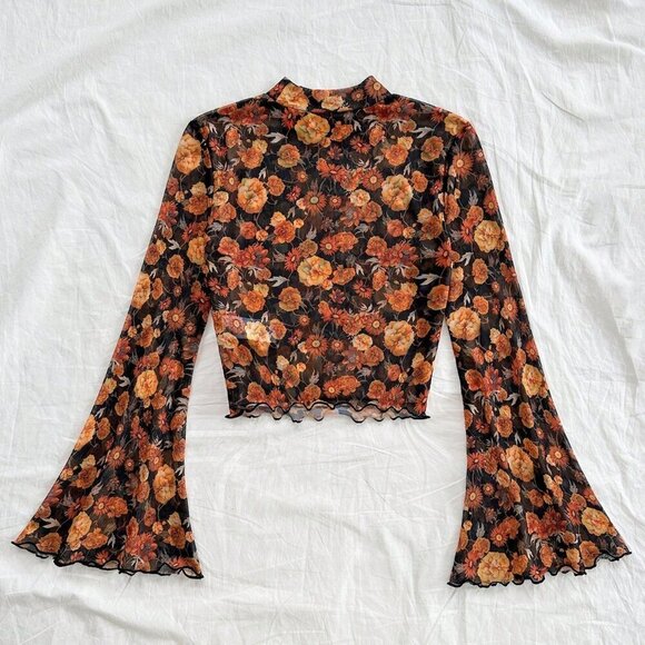 Multicolor Casual Women's Ditsy Floral Stand Collar Flare Sleeve mesh top - Picture 10 of 10